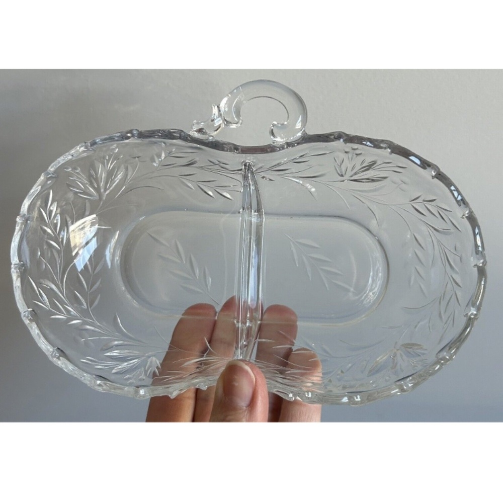 Fostoria Glass Heather Etched Crystal 2-Part Relish 7-3/8" Long missing 1 handle